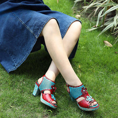 Socofy summer genuine leather retro hollow design high heel sandals