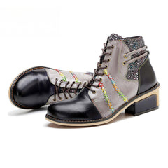 Socofy Vicconfy Handmade Leather Scuffed Vintage Women's Boots