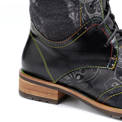 Socofy Vicconfy Genuine Leather Dark Flower Lace Up Flat Boots