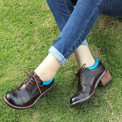 Socofy Leather Star Deco Lace Up Chunky Heel Single Shoes