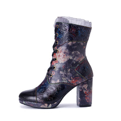Socofy Winter Retro Lace Print Heeled Boots