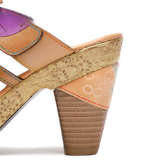 Socofy Vicconfy Flower Patchwork Head Cowhide High Heel Women's Sandals Slippers