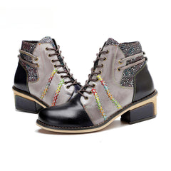 Socofy Vicconfy Handmade Leather Scuffed Vintage Women's Boots