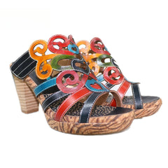 Socofy summer ethnic style leather women's shoes high heels handmade slippers