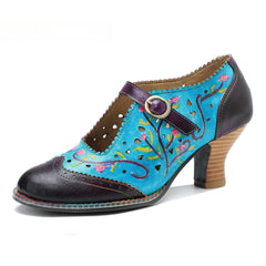 Socofy genuine leather hand-rubbed hollow flower high heels for women