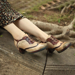 Socofy new spot genuine leather retro style contrasting brogue casual women's thick heel high heels