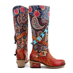 Socofy Leather Vintage Print Chunky Heel Knee Women's Boots