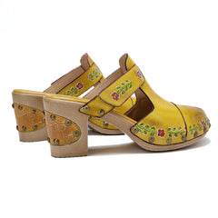 Socofy Spring and summer new spot genuine leather retro floral Baotou comfortable thick heel clogs and sandals