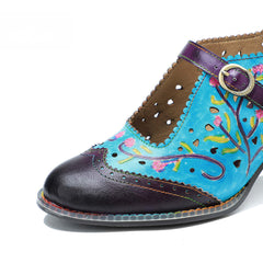 Socofy genuine leather hand-rubbed hollow flower high heels for women