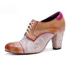 Socofy Genuine leather vintage splicing rose fashion lace-up high heels shoes