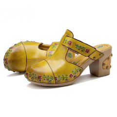 Socofy Spring and summer new spot genuine leather retro floral Baotou comfortable thick heel clogs and sandals
