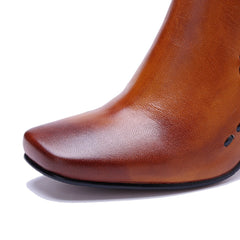 Socofy Retro Handmade Leather Butterfly Side Zip Heeled Boots