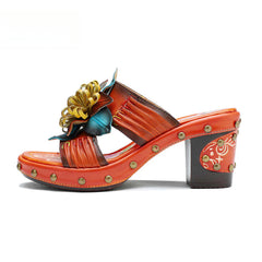 Socofy Genuine Leather Hand-painted Retro High Heeled Slippers Sandals