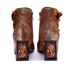 Socofy Retro Handmade Leather Butterfly Side Zip Heeled Boots