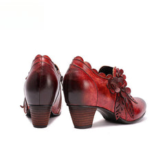 Socofy Genuine Leather Handmade Vintage Fashion Side Zipper High Heels Women's Shoes