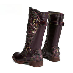 Socofy Vicconfy Side Zipper Vintage Floral Flat Heel Long Boots