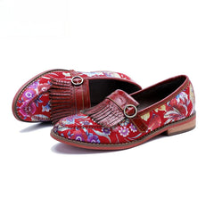 Socofy Handmade Leather Vintage Printed Tassel Flat Loafers Shoes