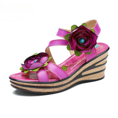 Socofy summer leather three-dimensional flowers comfortable sloping sandals