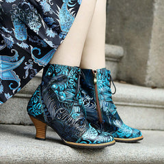 Socofy Autumn and Winter Printed Retro Lace-up Short Heel Women's Boots