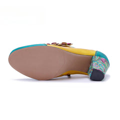 Socofy Leather Genuine Leather Vintage Floral Chunky Heeled Pumps
