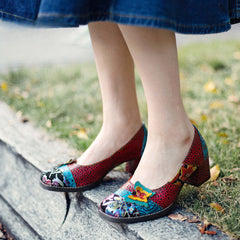 Socofy Butterfly Genuine leather Floral Deco Heels Women's shoes