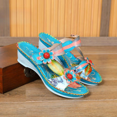 Socofy summer fashionable flower women's shoes ethnic style retro casual leather wedge slippers