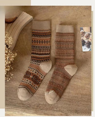Socofy Vicconfy Mid-calf Socks Vintage Ethnic Striped Cotton Socks