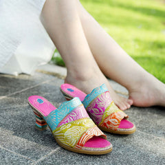 Socofy Summer Leather Vintage Colour Block High Heeled Sandals