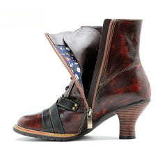Socofy Leather Vintage Boots High Heeled Boots