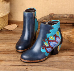 Socofy Vicconfy Retro Pattern Leather Zipper Ankle Boots