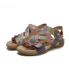 Socofy Bohemian retro first-layer cowhide flower-embellished women's sandals