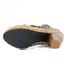 Socofy retro casual ethnic style fish mouth top layer cowhide flower fashion women's sandals