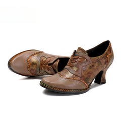 Socofy Vicconfy Genuine Leather Ethnic Brown High Heels