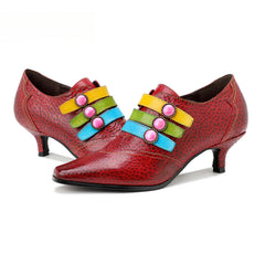 Socofy Red Leather Vintage Buckle High Heels Women's Shoes