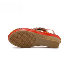 Socofy Vicconfy Genunie Leather Floral Handmade Women's Sandals