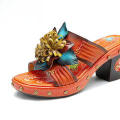 Socofy Genuine Leather Hand-painted Retro High Heeled Slippers Sandals