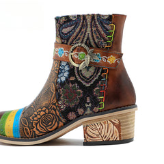Socofy Vicconfy Genuine Leather Floral Vintage Casual Comfort Ankle Boots
