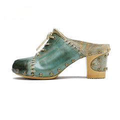 Socofy Leather Retro Street Style Rivet Chunky Heeled High Heels