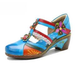 Socofy Summer Genuine Leather Casual Hook & Loop Hand-painted Sewing Retro Flower Women Sandals