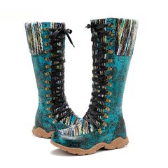 Socofy Genuine Leather Vintage Printed Wool Lace Up Comfortable Flat High Boots