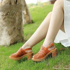 Socofy Spring Summer Leather Printed Hollow Out Chunky Heel Buckle Strap Clog Bottom Sandals