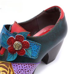 Socofy retro printing splicing ethnic style high heels women's shoes