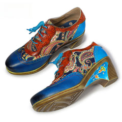 Socofy Vintage Handmade Bohemian Brogue Printed Heels Shoes
