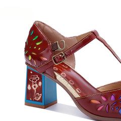 Socofy Crimson Blossom T-Strap Sandals