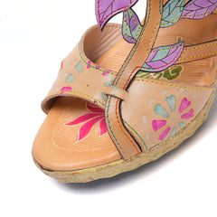 Socofy Vicconfy Flower Patchwork Head Cowhide High Heel Women's Sandals Slippers