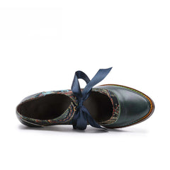Socofy Summer flower blue ethnic style high-heeled ribbon lace-up women's shoes