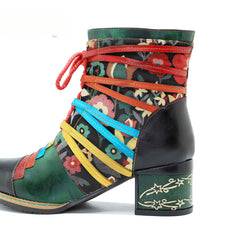 Socofy Vicconfy Handmade Genuine Leather Printed Patchwork Colorful Strappy Chunky Heel Women's Boots