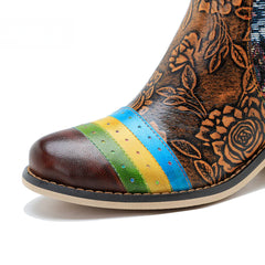 Socofy Vicconfy Genuine Leather Floral Vintage Casual Comfort Ankle Boots