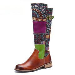 Socofy Vicconfy Genuine Leather Vintage Patchwork Long Warm Boots