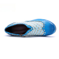 Socofy Genuine Leather Vintage Boho Woven Side Zipper Pumps